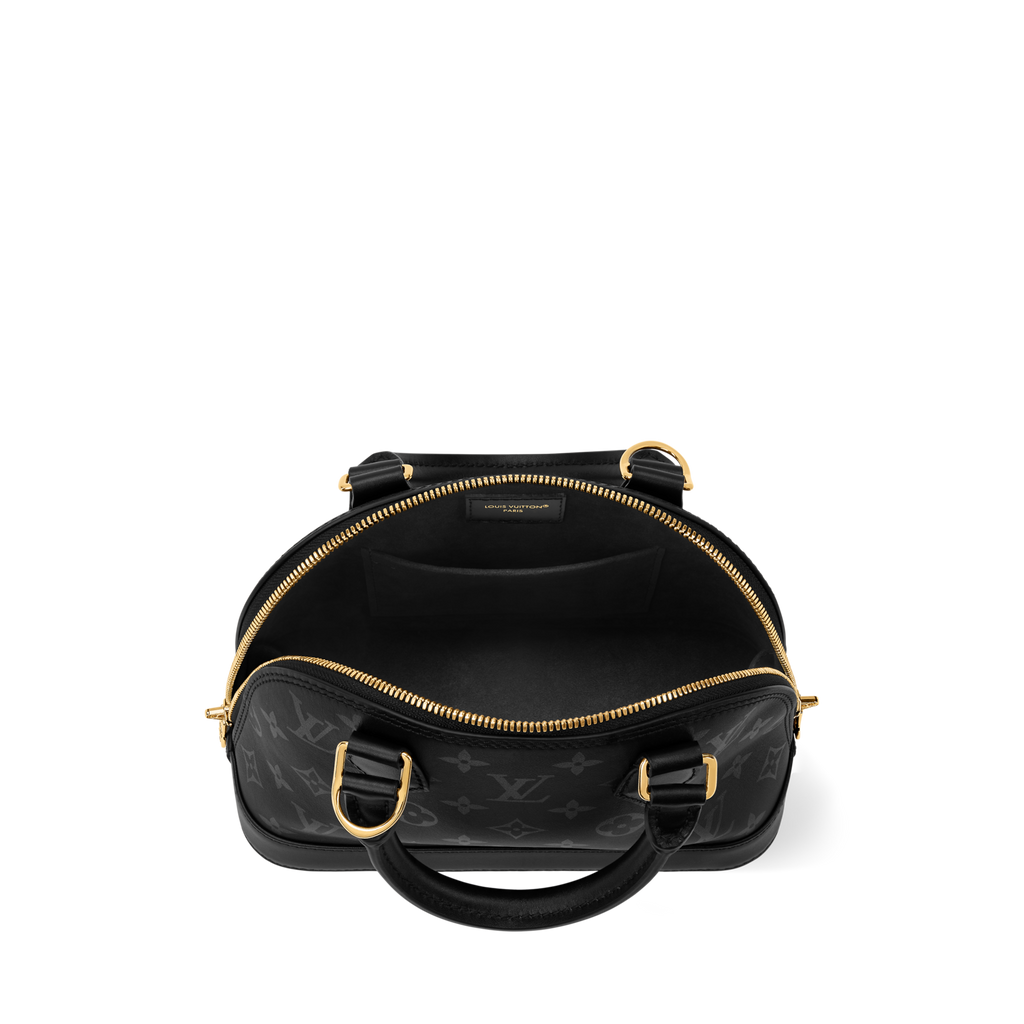 Athena™ Louis Vuitton Alma BB handbag in monogram canvas with leather trim, featuring top handles and gold-tone hardware.