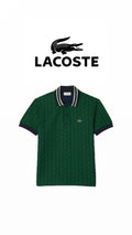 Athena™ Lacoste monogram jacquard polo shirt with a classic collar and subtle monogram pattern on a white background.