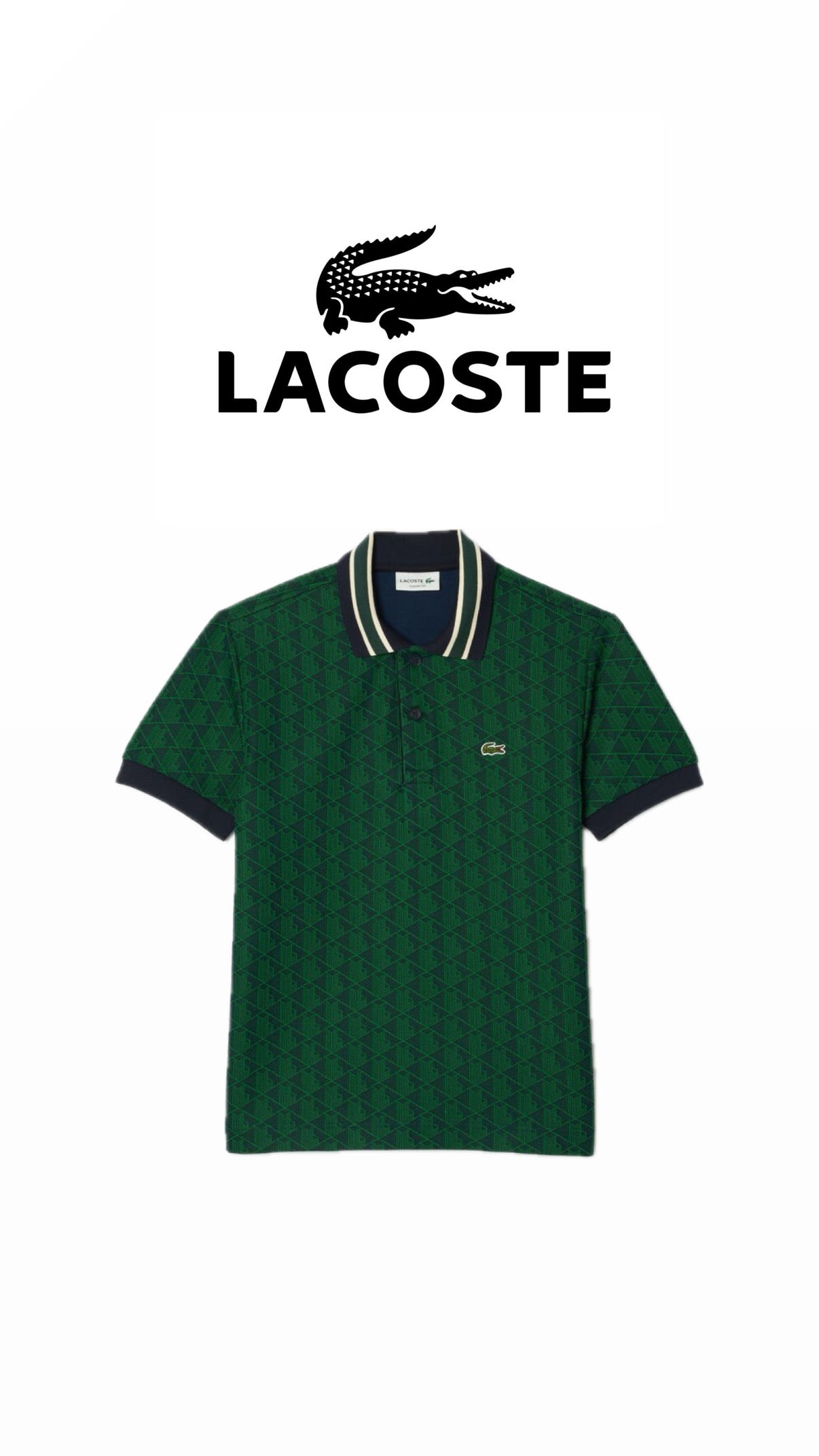 Athena™ Lacoste monogram jacquard polo shirt with a classic collar and subtle monogram pattern on a white background.