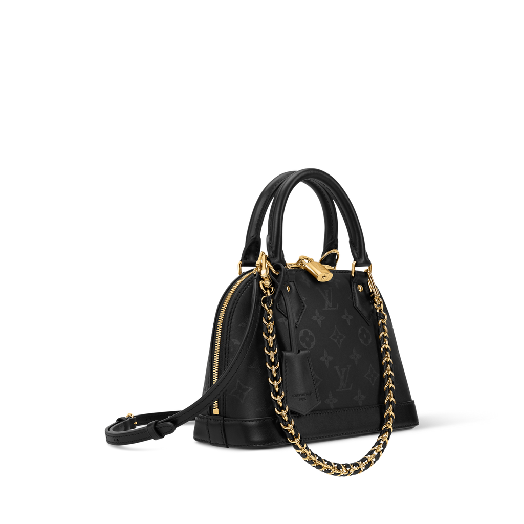 Louis Vuitton Alma BB handbag by Athena with structured leather body, gold hardware, and dual top handles on a plain background.
