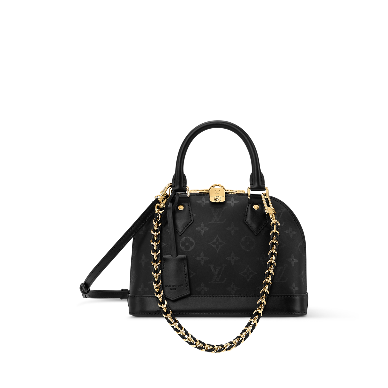 Louis Vuitton Alma BB handbag by Athena TM, featuring classic monogram canvas with leather trim and silver-tone hardware.