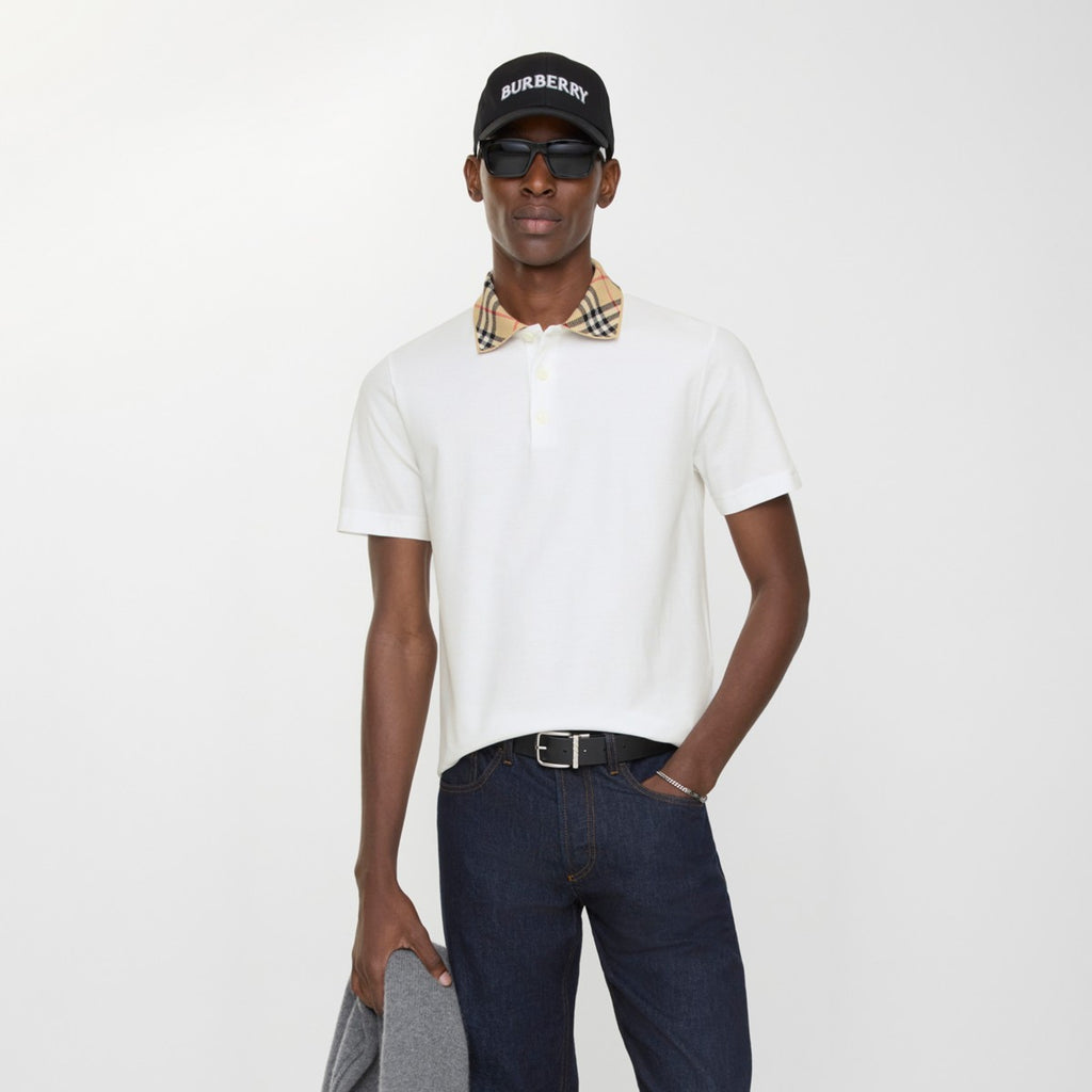 Athena™ BURBERRY check collar polo shirt featuring classic plaid pattern and comfortable fit, shown on a model.