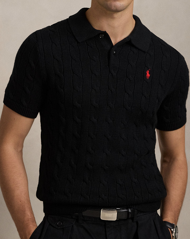 Athena Ralph Lauren cable-knit polo T-shirt in classic design, featuring a ribbed collar and textured knit fabric.