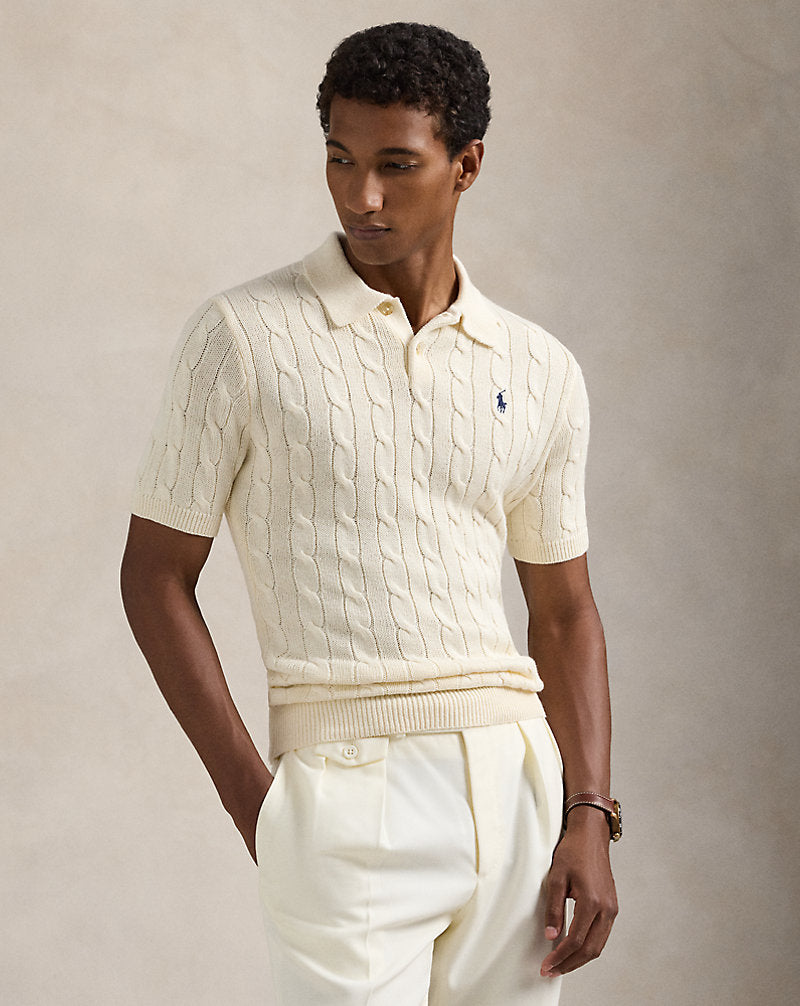 Athena Ralph Lauren cable-knit polo T-shirt in classic design, featuring a textured knit pattern and polo collar.