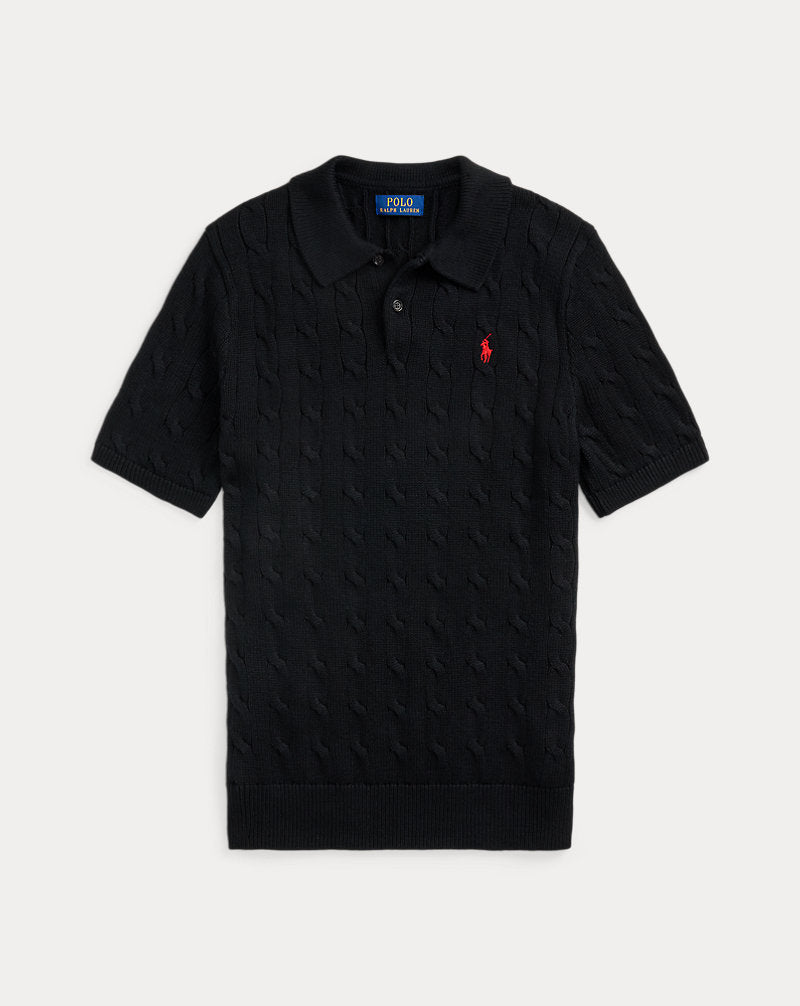Athena Ralph Lauren cable-knit polo T-shirt in classic style, featuring a ribbed collar and textured knit fabric.