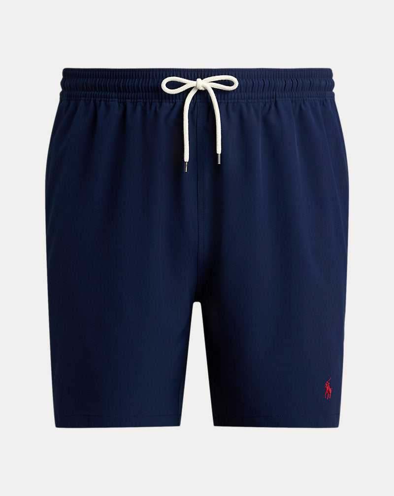 Athena Ralph Lauren classic swim shorts in navy with white logo detail, lightweight fabric, and elastic waistband.