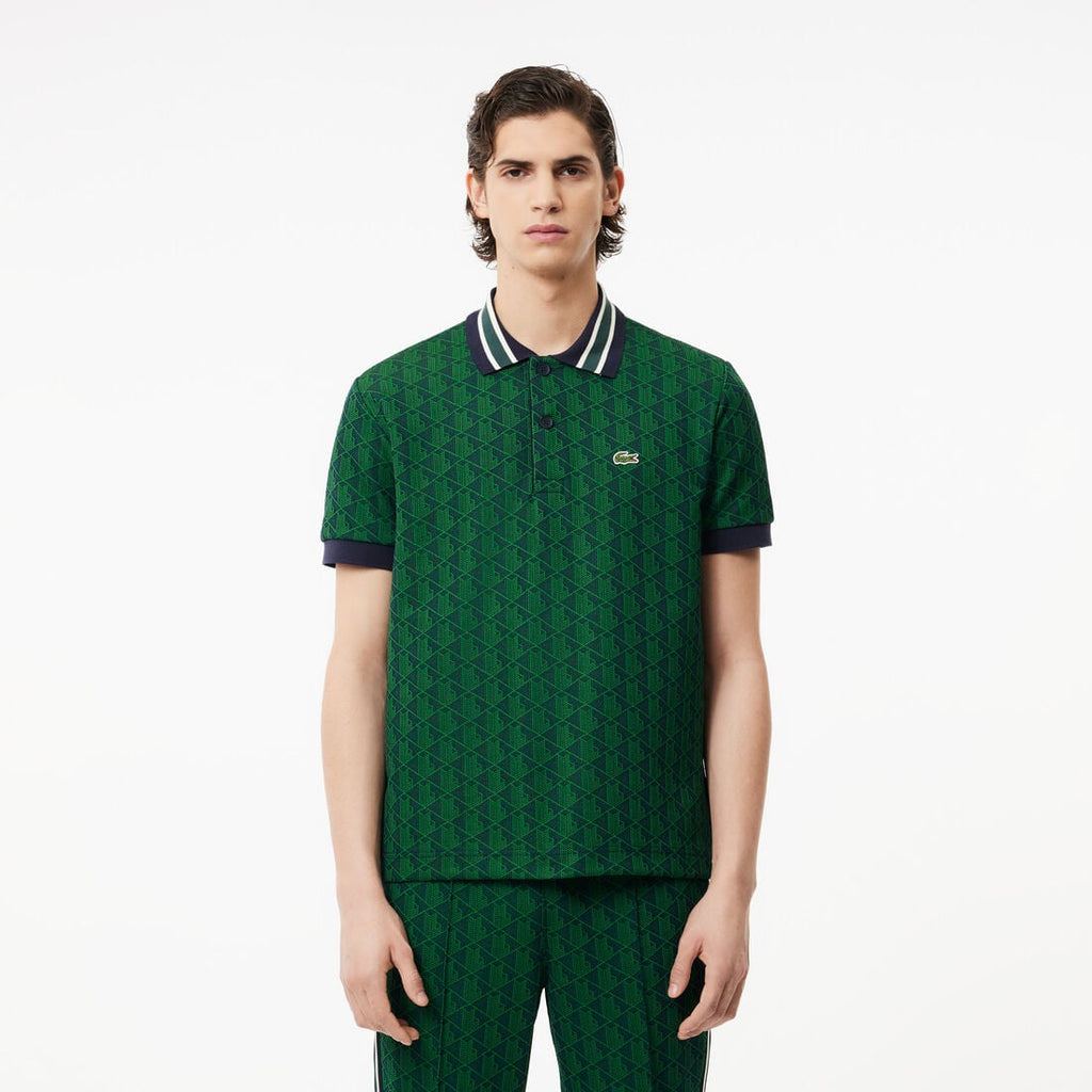 Athena LACOSTE Monogram Jacquard Polo shirt featuring a classic collar and embroidered crocodile logo on the chest.