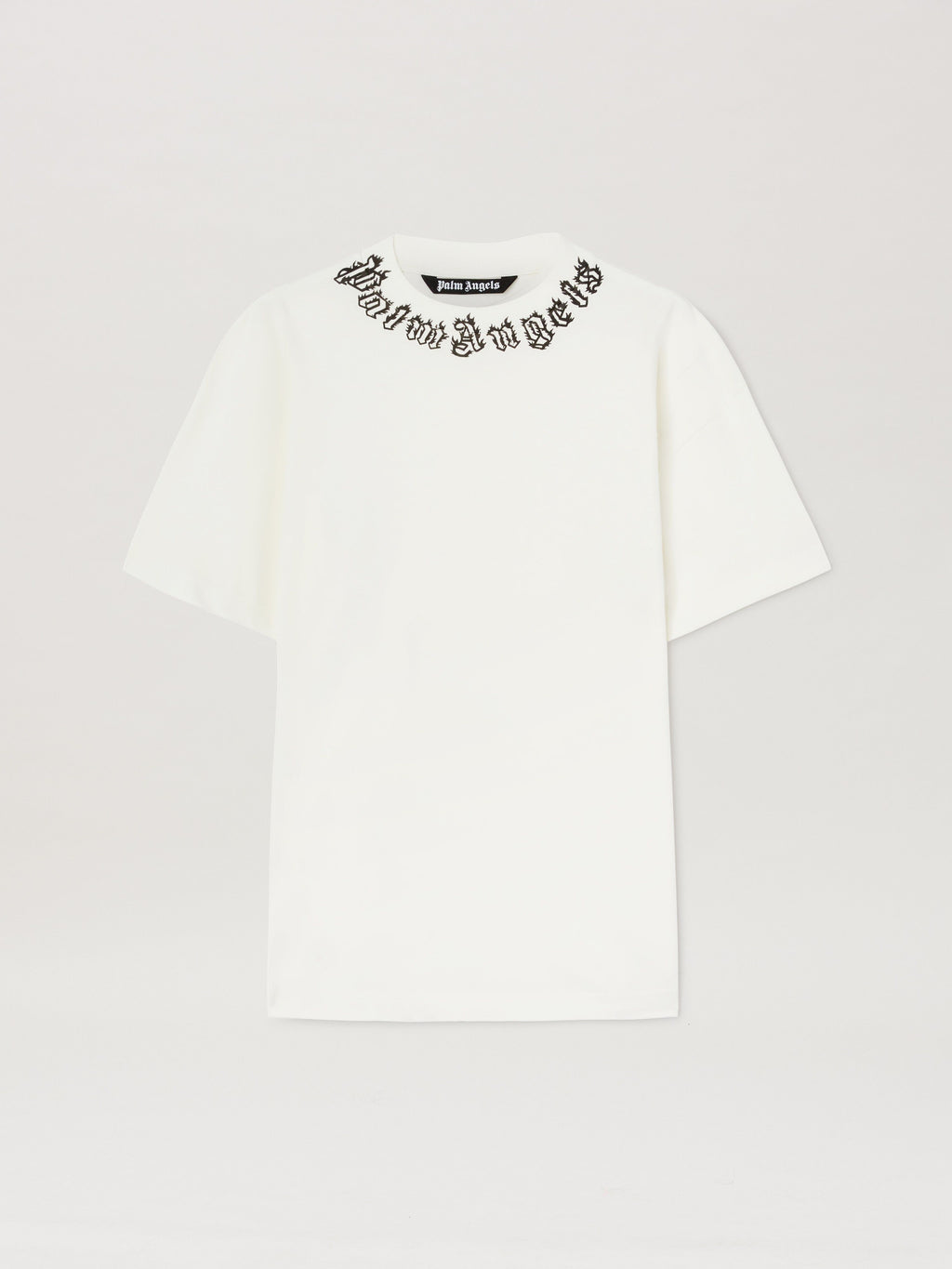Athena™ Palm Angels neck logo T-shirt featuring a casual fit, with a prominent Palm Angels logo on the chest in black and white.