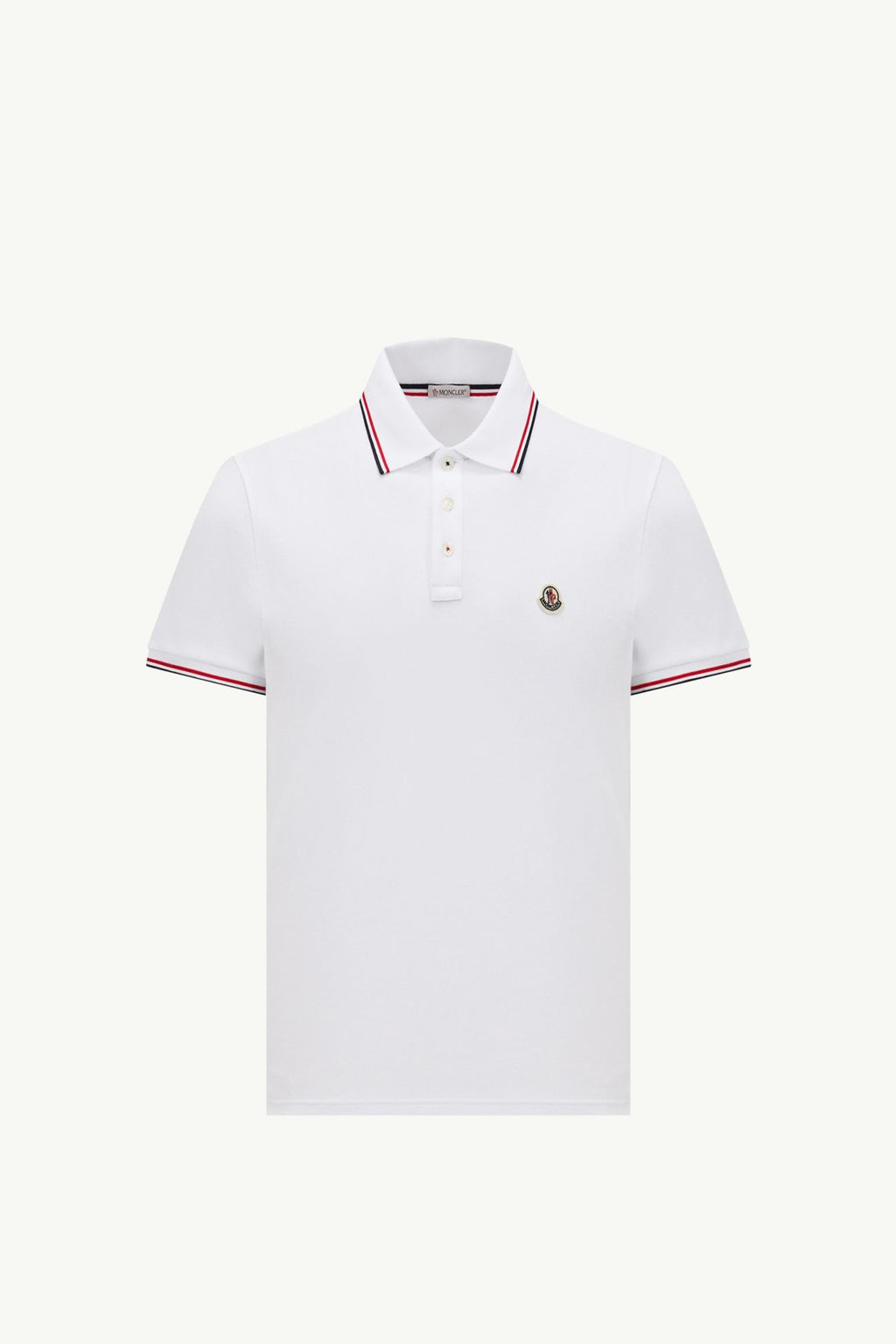 Athena™ Moncler piquet polo shirt in classic style, featuring a collared neckline and short sleeves, displayed on a hanger.