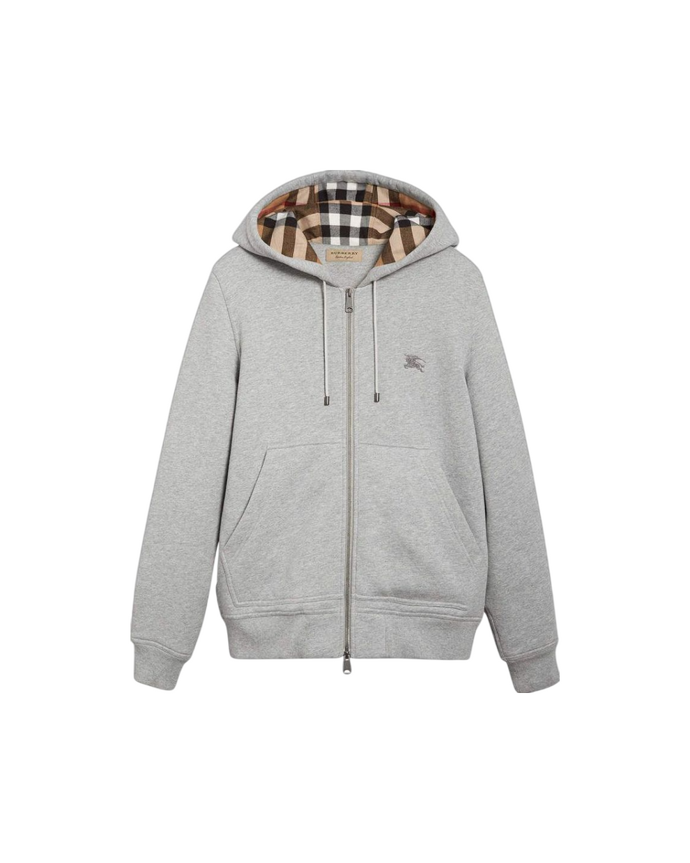 Athena Burberry zipper with metallic pull tab and branded logo, close-up of the high-quality metal zipper on a fabric background.