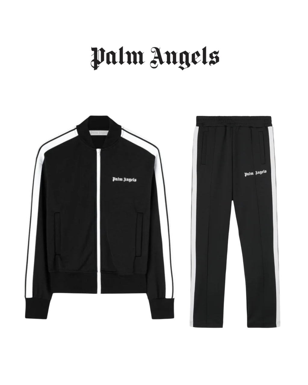 Athena Palm angles tracksuit in black, featuring a zip-up top and matching joggers, displayed on a hanger against a white background.