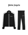 Athena Palm angles tracksuit in black, featuring a zip-up top and matching joggers, displayed on a hanger against a white background.