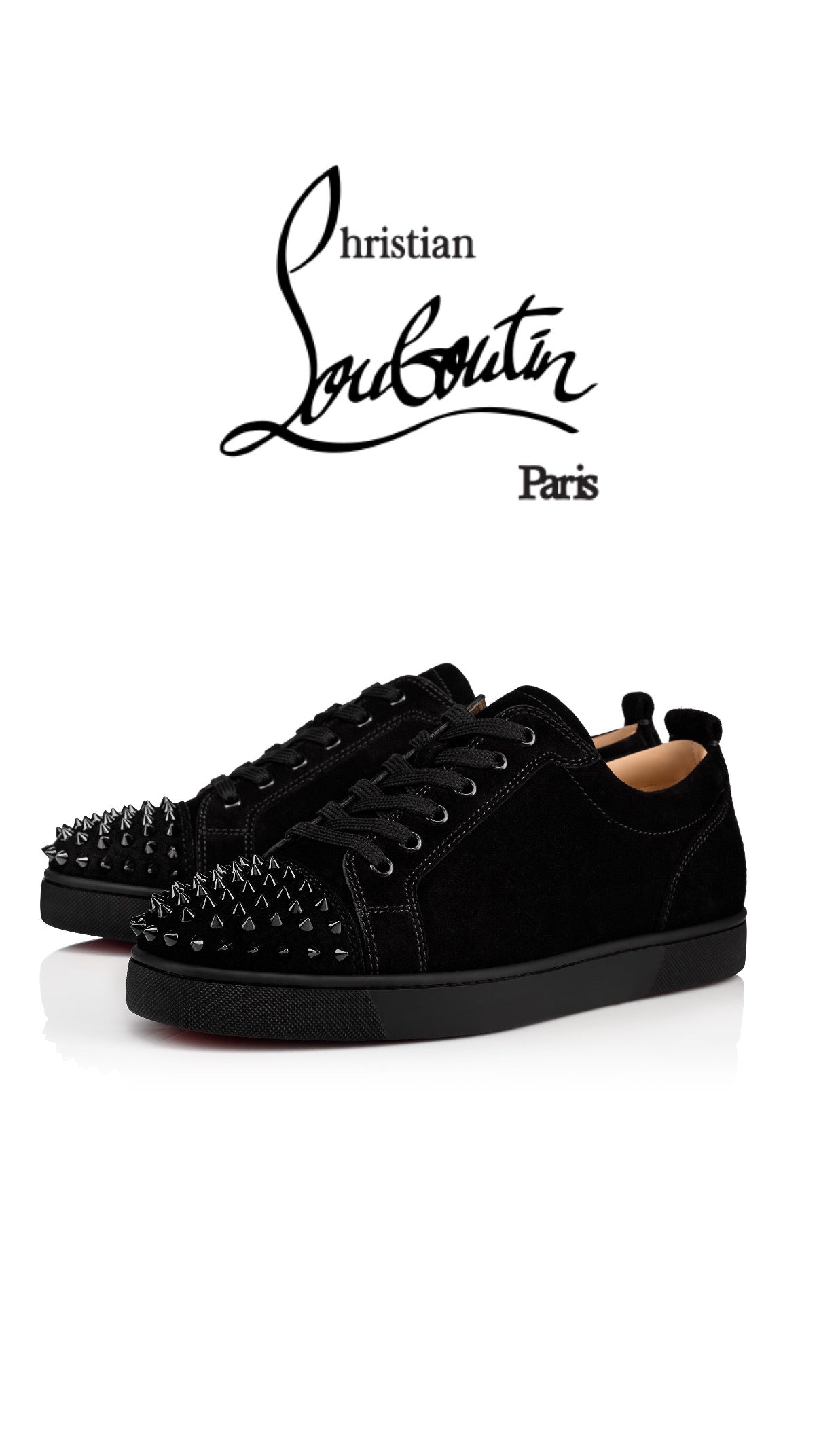 Christian Louboutin Junior shoes by ATHENA™ featuring signature red soles and stylish design, shown on a clean surface.