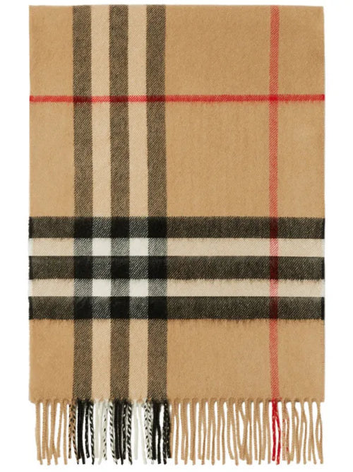 ATHENA ™ Burberry scarf with classic check pattern, soft fabric, and fringed edges, displayed lying flat on a neutral background.