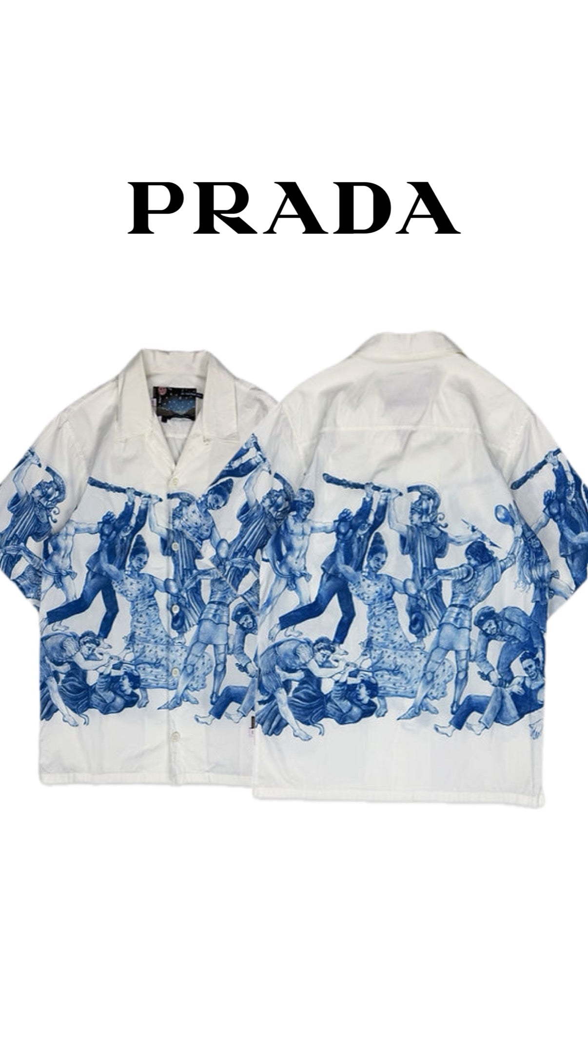 Athena™ Prada Important Ones button-up shirt in crisp fabric, featuring classic collar and button details, laid flat.