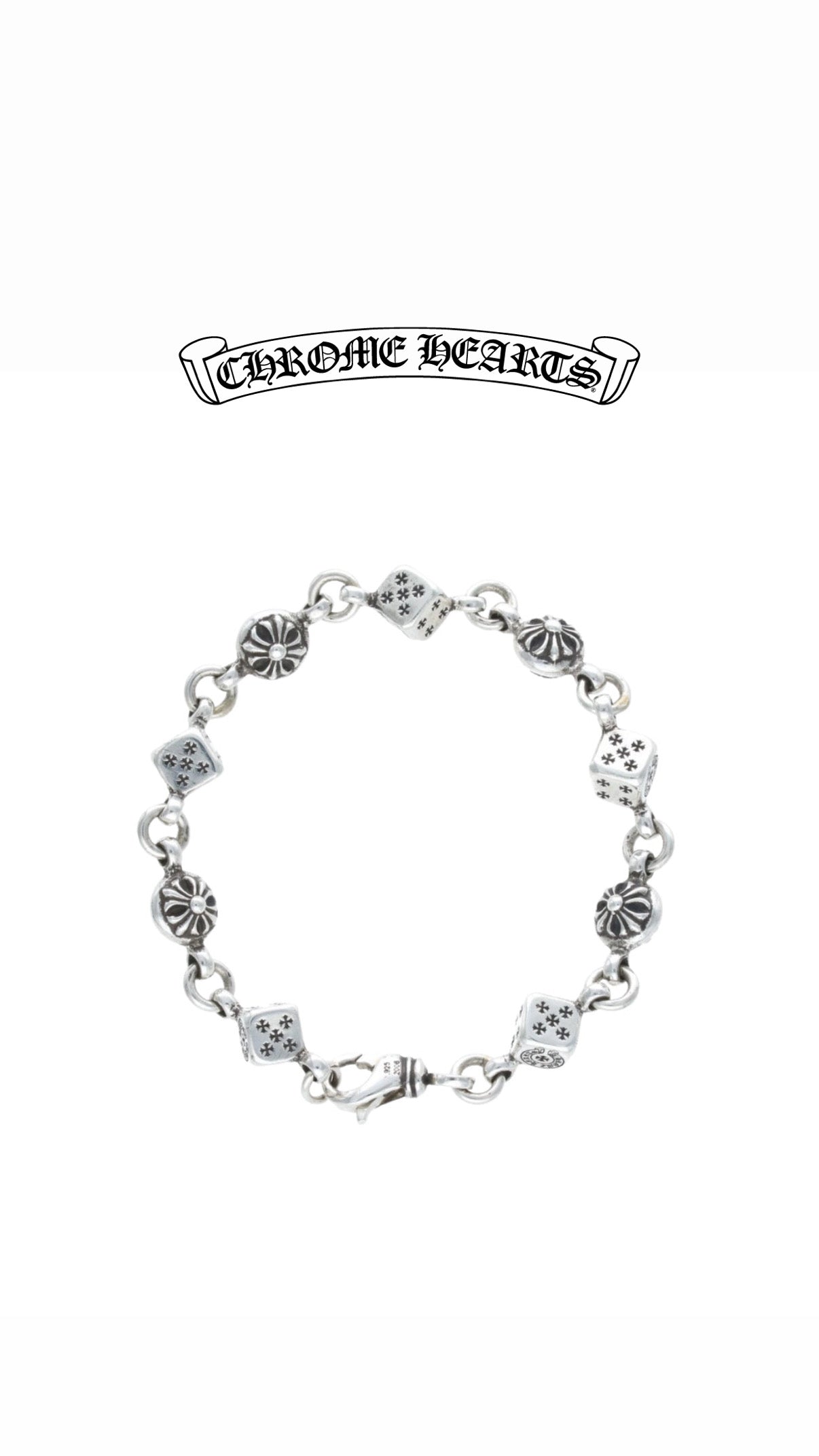 ATHENA™ Chrome Hearts dice bracelet featuring silver-tone metal and detailed dice charms on a sleek chain.