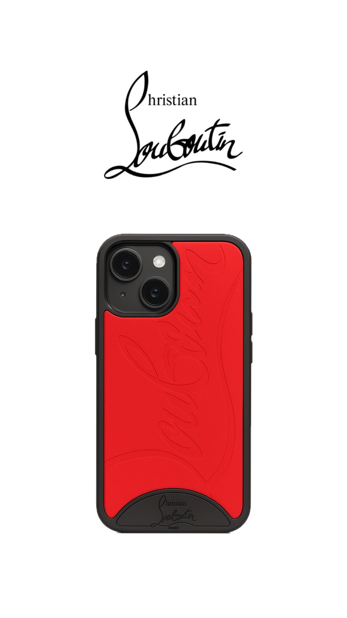 ATHENA ™ Louboutin phone case with red sole design, featuring sleek black leather and signature branding for stylish protection.