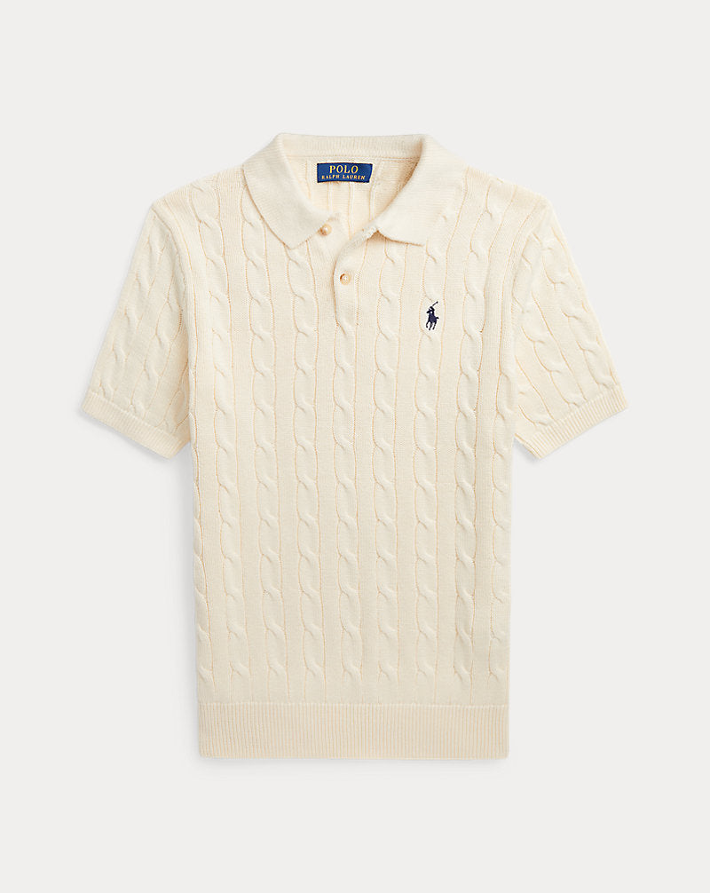Athena™ cable knit Ralph Lauren Polo sweater, close-up of textured knit fabric and classic design details.
