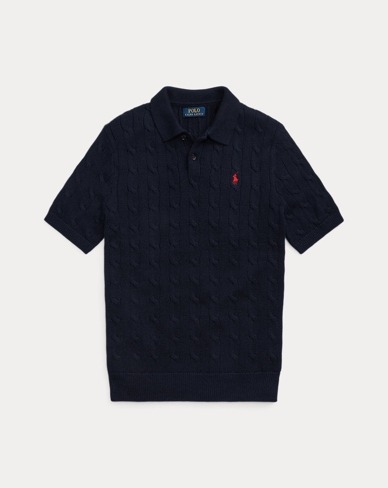 Athena™ cable knit Ralph Lauren polo shirt, featuring a classic textured knit fabric and polo collar, displayed on a hanger.