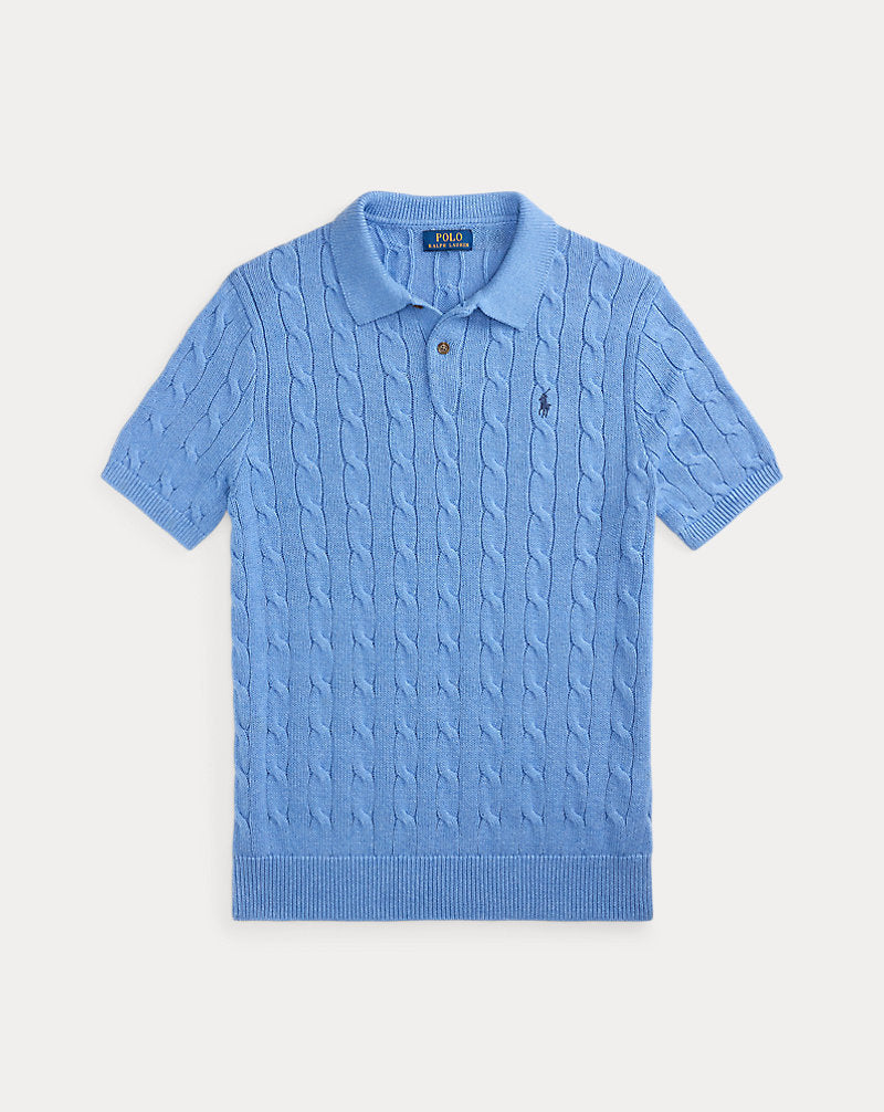 Athena™ cable knit Ralph Lauren polo shirt featuring a textured pattern and classic collar, displayed on a neutral background.