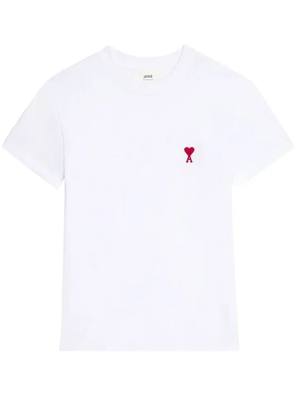 A white ATHENA ™ Ami T-shirt with a relaxed fit and round neckline, displayed on a hanger against a plain background.