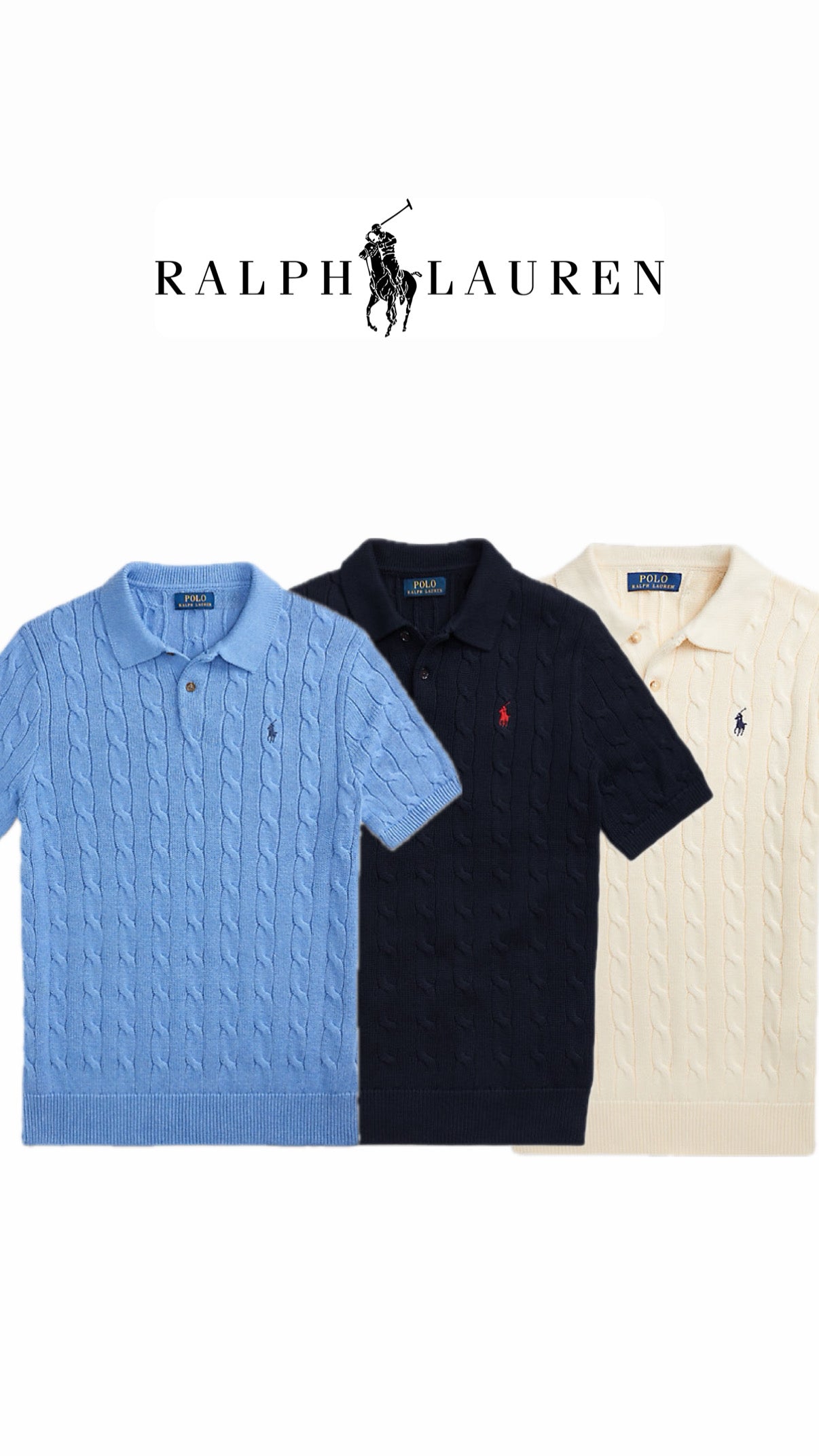 Athena™ cable knit Ralph Lauren polo shirt featuring a textured knit pattern and classic collar, displayed on a neutral background.
