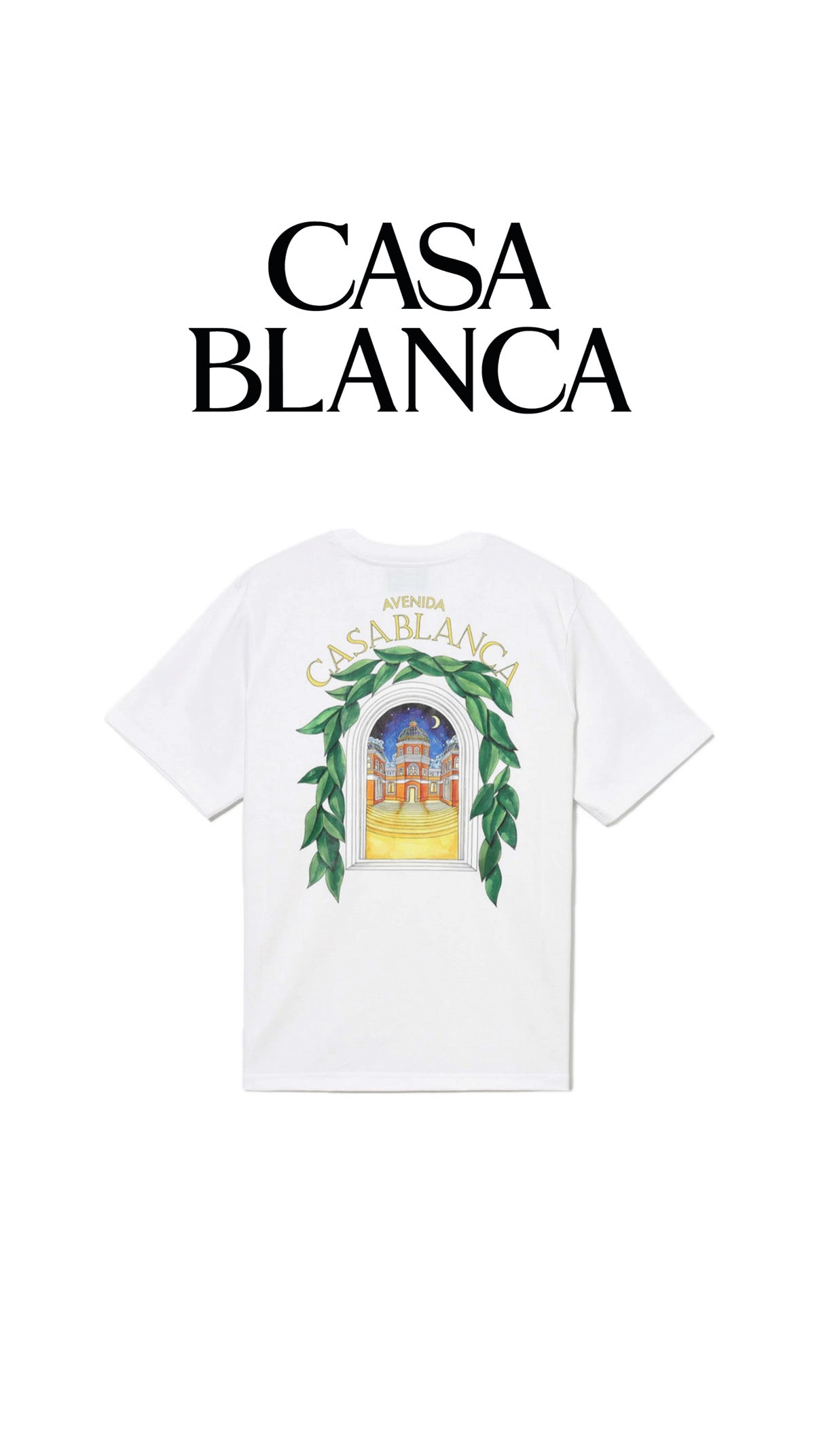 Athena Casa Blanca Avenida T-shirt displayed on a hanger, featuring a white cotton fabric with a stylish casual fit.